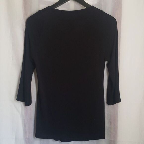 Nicole Miller Shirt Top Size M Black 3/4 Sleeve Layered Front Gold Embellishment - Picture 12 of 13